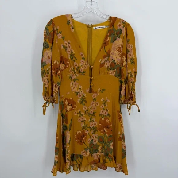 Reformation Scarlett V-Neck Mini Dress Orange Floral Size 4 - Picture 3 of 12